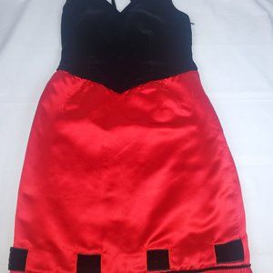 VALENTINO BOUTIQUE ITALY BLACK VELVET RED SATIN COCKTAIL DRESS STRAPS RUFFLE HEM